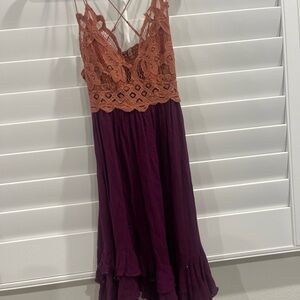 Free People Lace Mini Dress in Rust and Plum